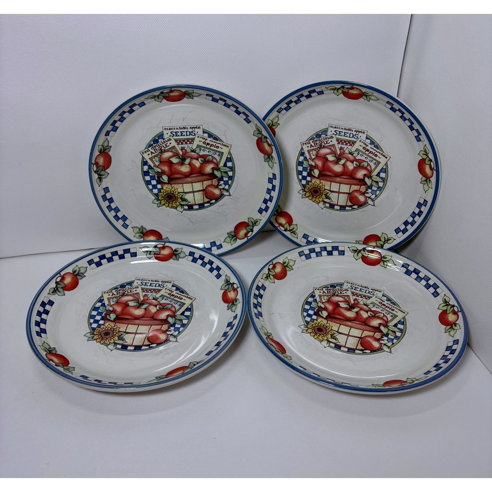 International Tableworks Plates Appletime Fall Harvest Apple Set of 4 Blue White